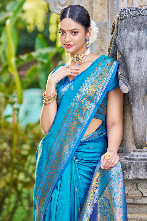 Load image into Gallery viewer, Energetic Firozi Kanjivaram Silk Saree With Traditional Blouse Piece
