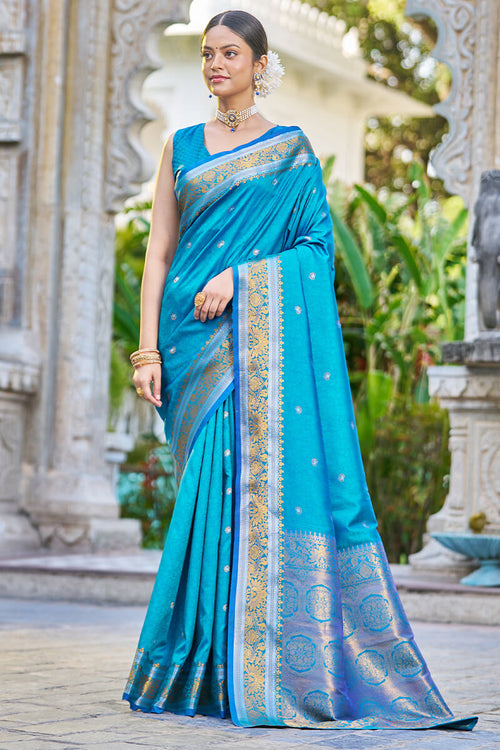 Load image into Gallery viewer, Energetic Firozi Kanjivaram Silk Saree With Traditional Blouse Piece
