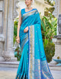 Energetic Firozi Kanjivaram Silk Saree With Traditional Blouse Piece