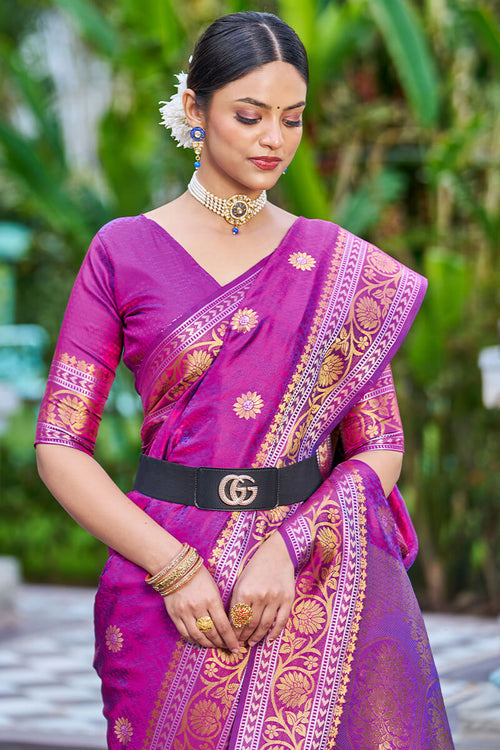 Load image into Gallery viewer, Deserving Purple Kanjivaram Silk Saree With Epiphany Blouse Piece
