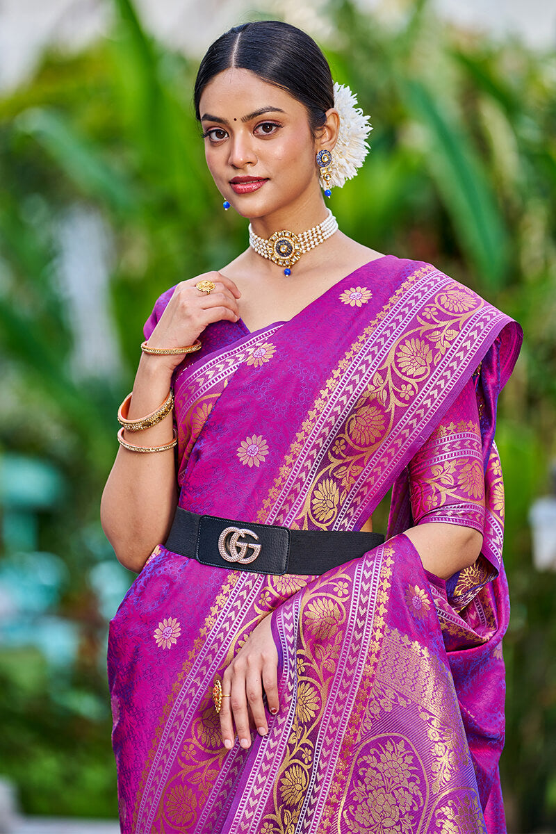 Deserving Purple Kanjivaram Silk Saree With Epiphany Blouse Piece