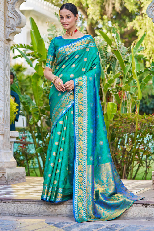 Load image into Gallery viewer, Arresting Rama Kanjivaram Silk Saree With Palimpsest Blouse Piece
