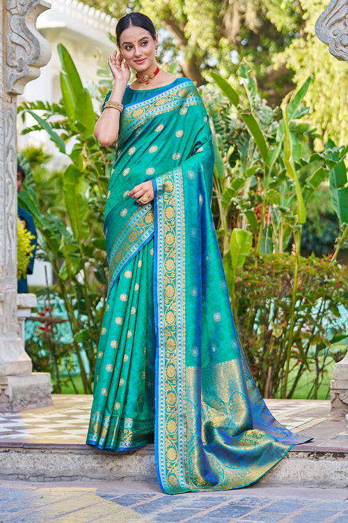 Load image into Gallery viewer, Arresting Rama Kanjivaram Silk Saree With Palimpsest Blouse Piece
