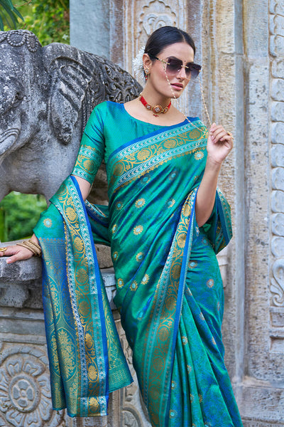 Sky Teal Blue Zari Work Kanjeevaram Silk Saree - House of Vardha