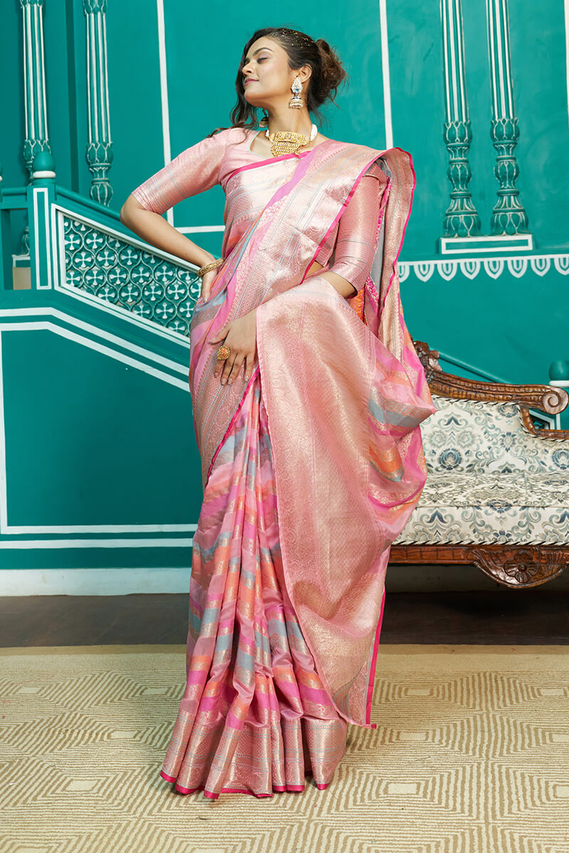 Refreshing Baby Pink Organza Silk Saree With Radiant Blouse Piece