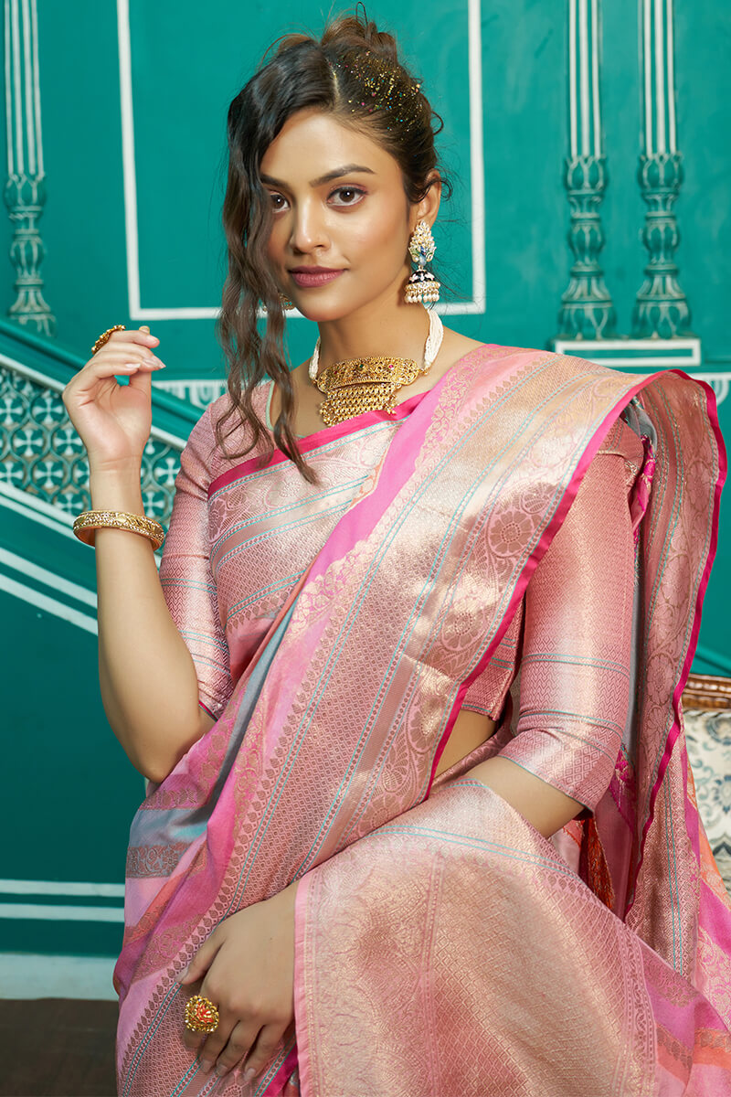 Refreshing Baby Pink Organza Silk Saree With Radiant Blouse Piece