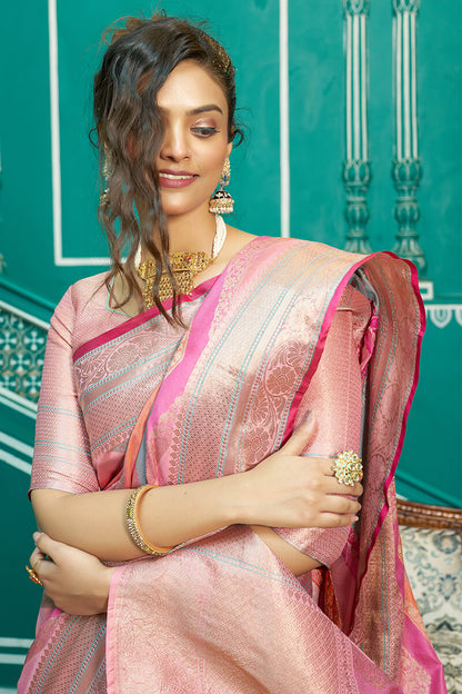 Refreshing Baby Pink Organza Silk Saree With Radiant Blouse Piece