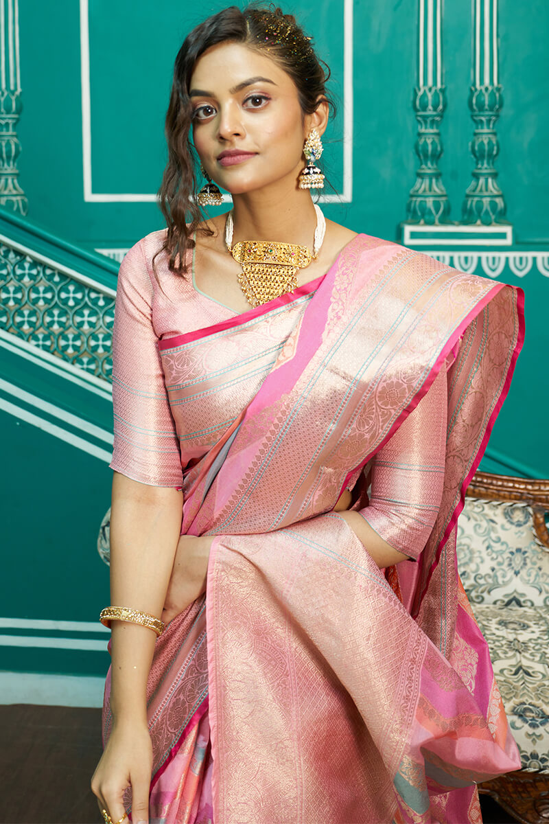 Refreshing Baby Pink Organza Silk Saree With Radiant Blouse Piece