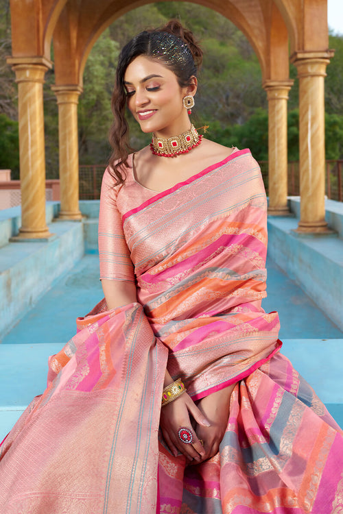 Load image into Gallery viewer, Mesmerising Pink Organza Silk Saree With Delightful Blouse Piece
