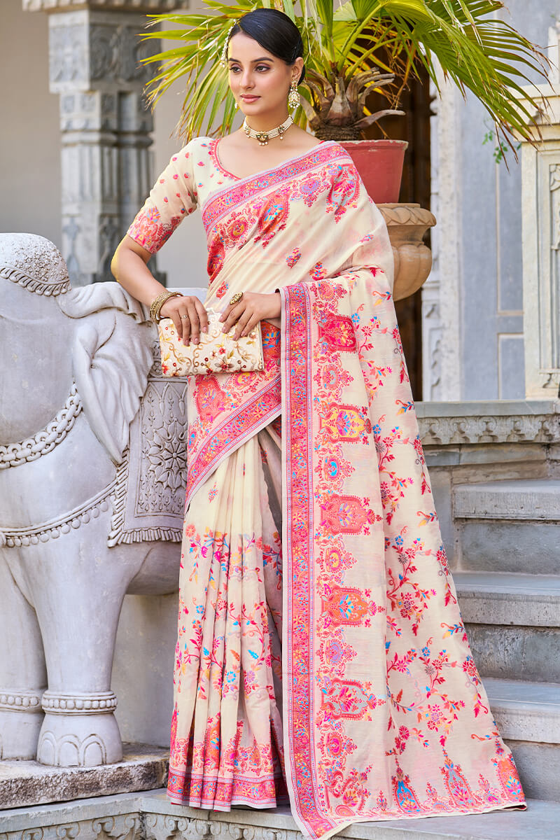 Trendy Beige Pashmina saree With Classy Blouse Piece