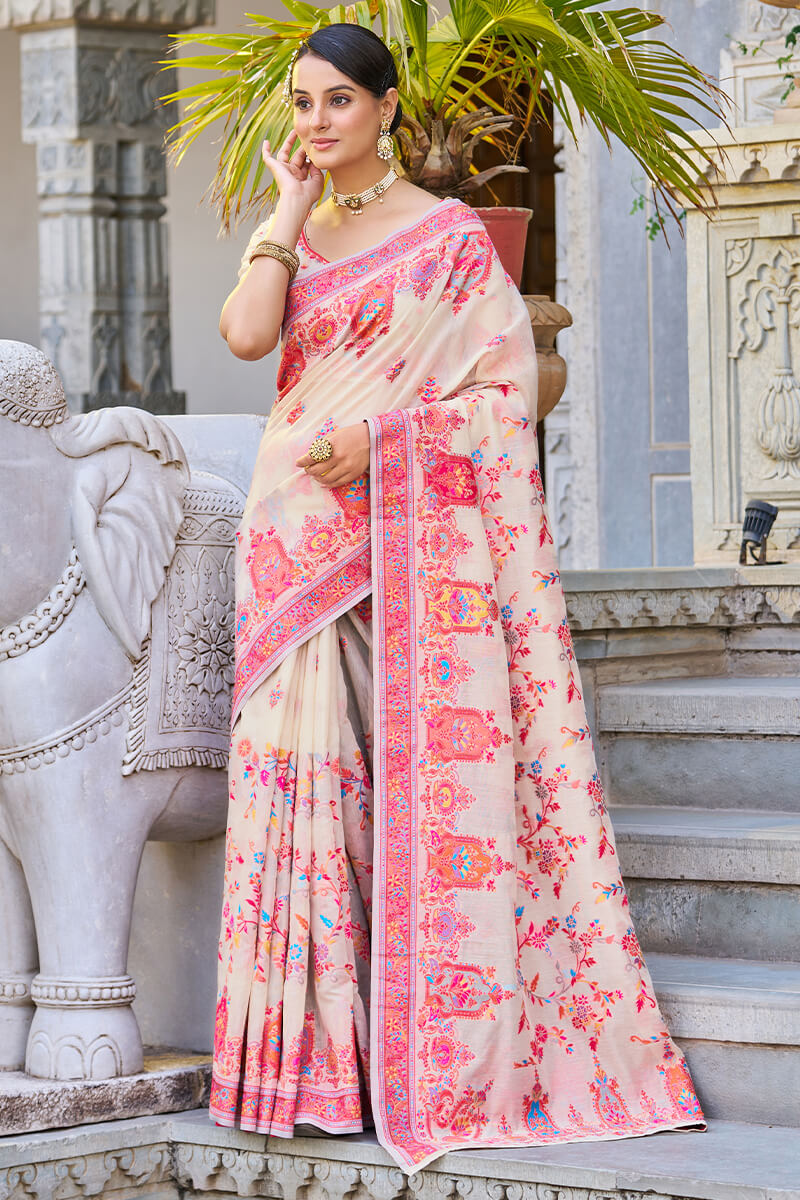 Trendy Beige Pashmina saree With Classy Blouse Piece