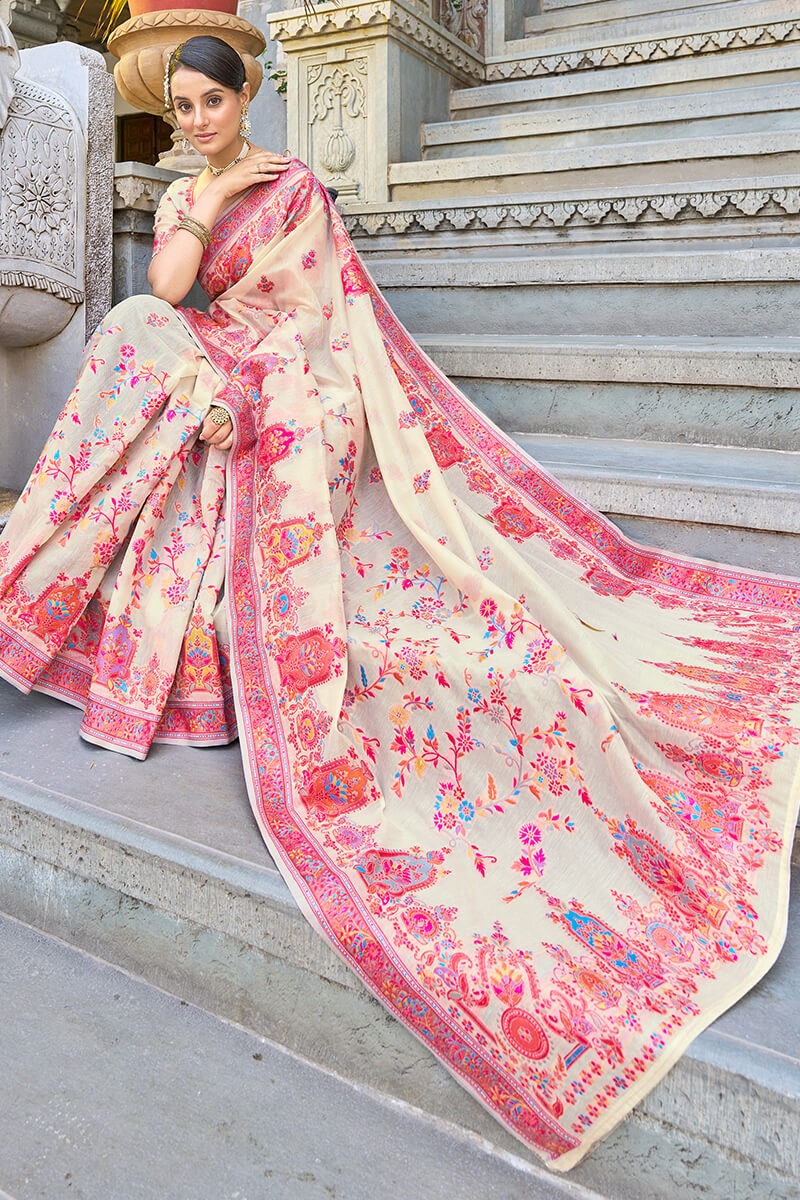 Trendy Beige Pashmina saree With Classy Blouse Piece