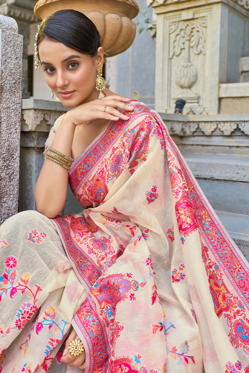 Trendy Beige Pashmina saree With Classy Blouse Piece