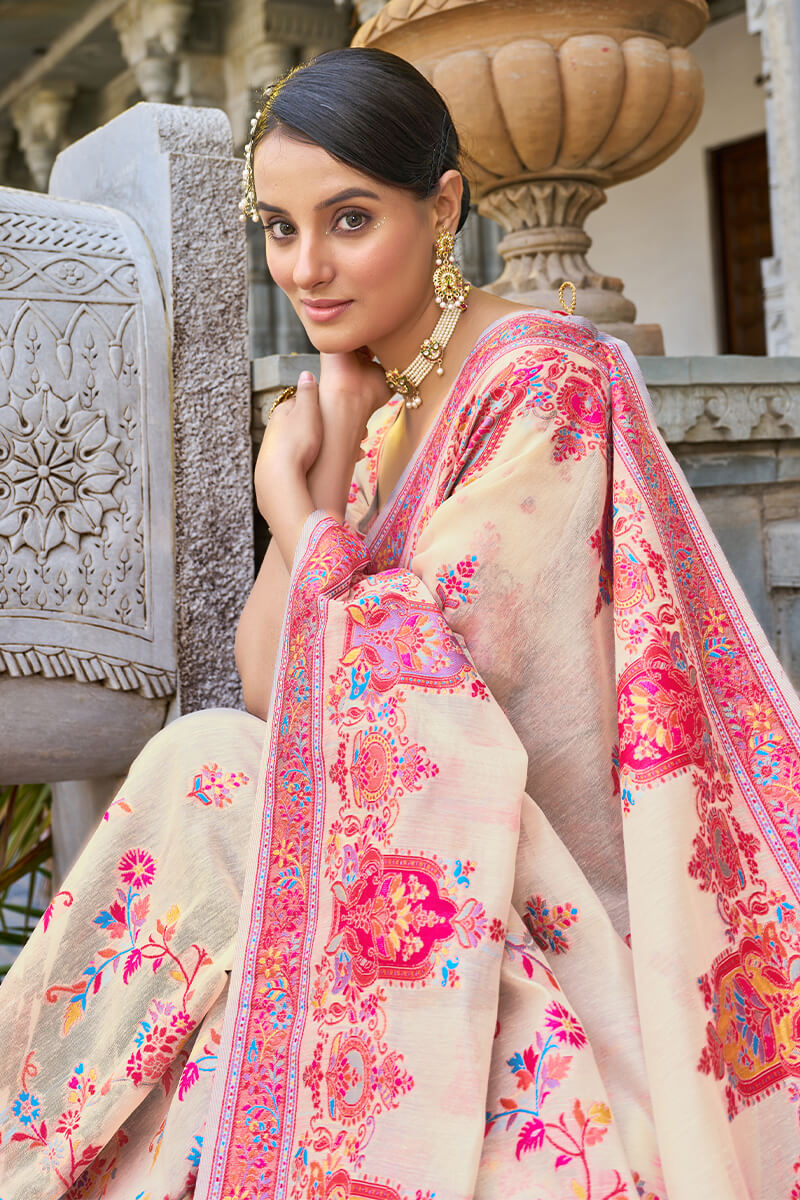 Trendy Beige Pashmina saree With Classy Blouse Piece