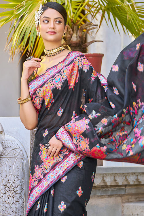 Load image into Gallery viewer, Stunning Black Pashmina saree With Precious Blouse Piece
