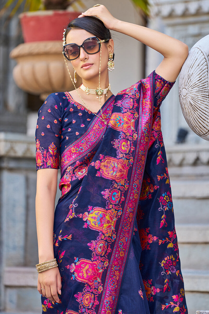 Marvellous Navy Blue Pashmina saree With Extraordinary Blouse Piece