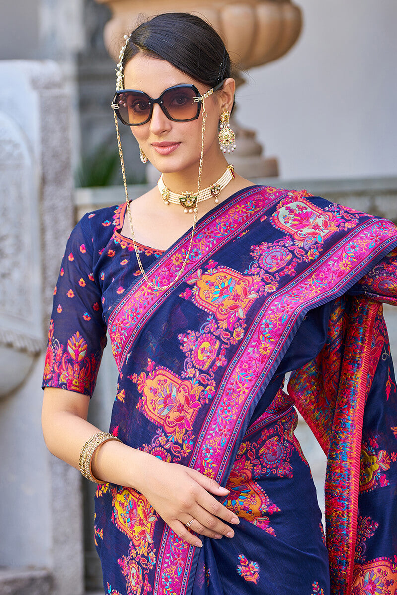 Marvellous Navy Blue Pashmina saree With Extraordinary Blouse Piece