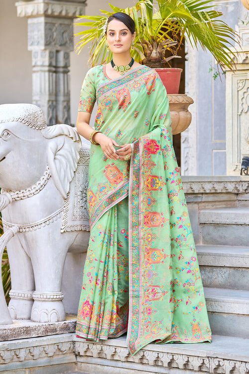 Load image into Gallery viewer, Elegant Pista Pashmina saree With Gleaming Blouse Piece
