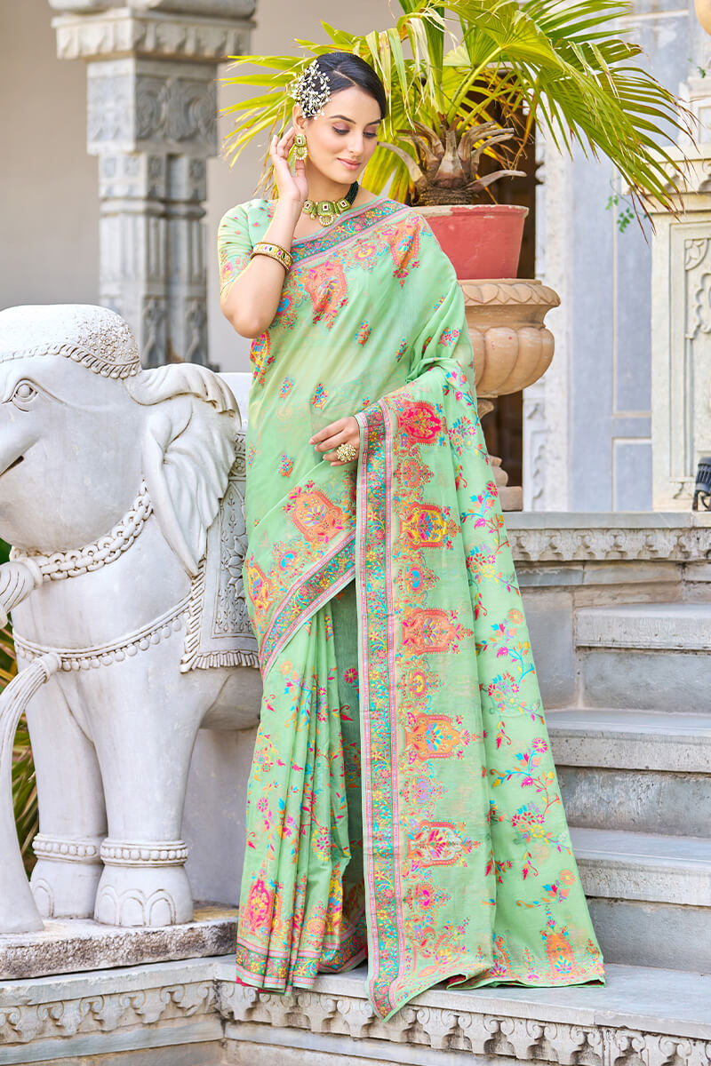 Elegant Pista Pashmina saree With Gleaming Blouse Piece