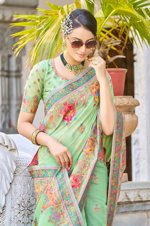 Load image into Gallery viewer, Elegant Pista Pashmina saree With Gleaming Blouse Piece
