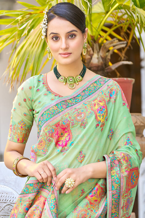 Load image into Gallery viewer, Elegant Pista Pashmina saree With Gleaming Blouse Piece
