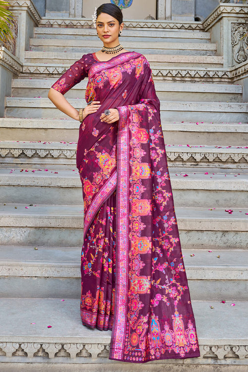 Load image into Gallery viewer, Amazing Wine Pashmina saree With Capricious Blouse Piece
