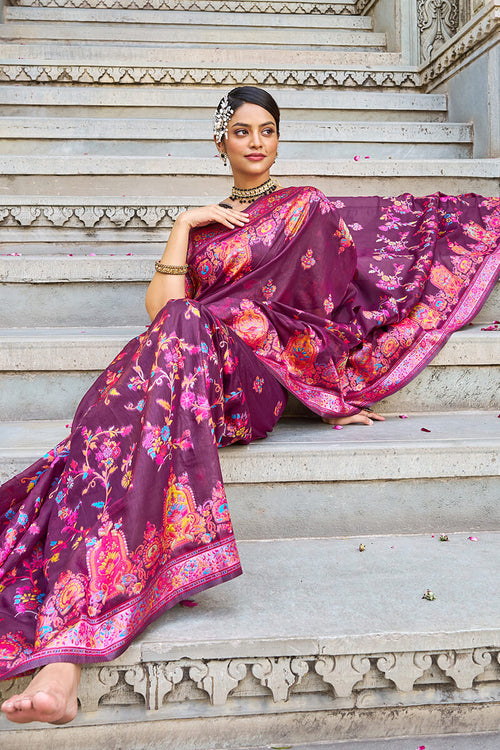 Load image into Gallery viewer, Amazing Wine Pashmina saree With Capricious Blouse Piece
