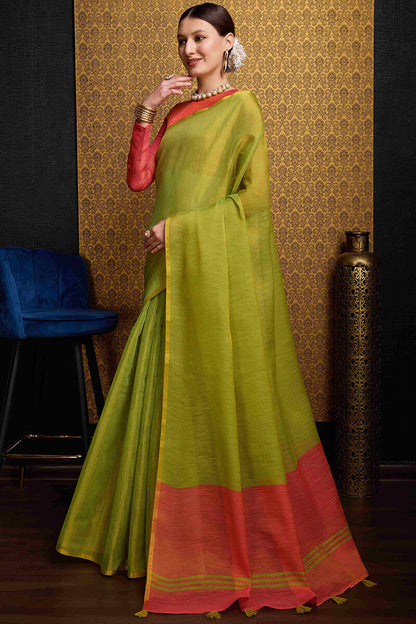 Incredible Green Soft Banarasi Tissue Silk Saree With Inspiring Blouse Piece