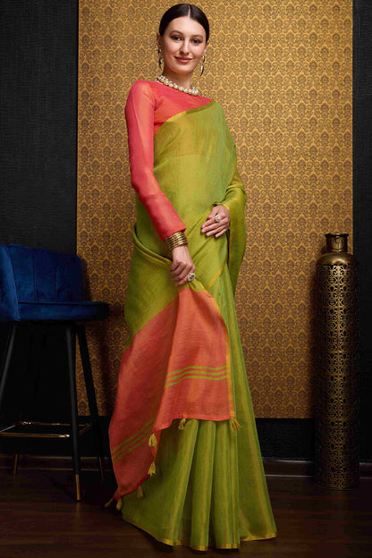 Incredible Green Soft Banarasi Tissue Silk Saree With Inspiring Blouse Piece
