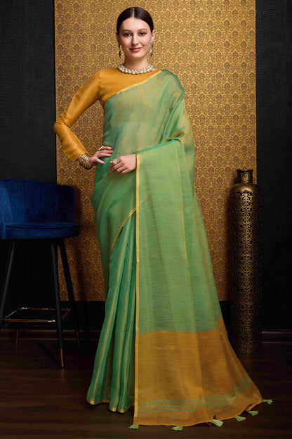 Wonderful Sea Green Soft Banarasi Tissue Silk Saree With Exquisite Blouse Piece