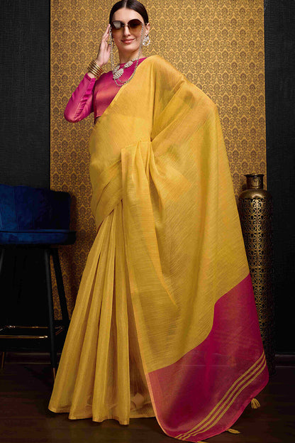Beguiling Yellow Soft Banarasi Tissue Silk Saree With Evocative Blouse Piece