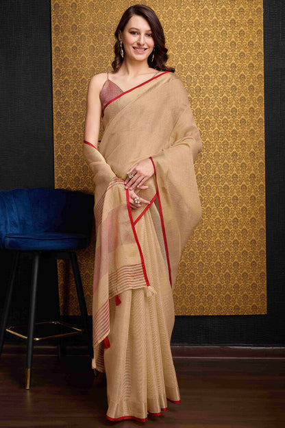 Vibrant Beige Cotton Silk Saree With Majesty Blouse Piece