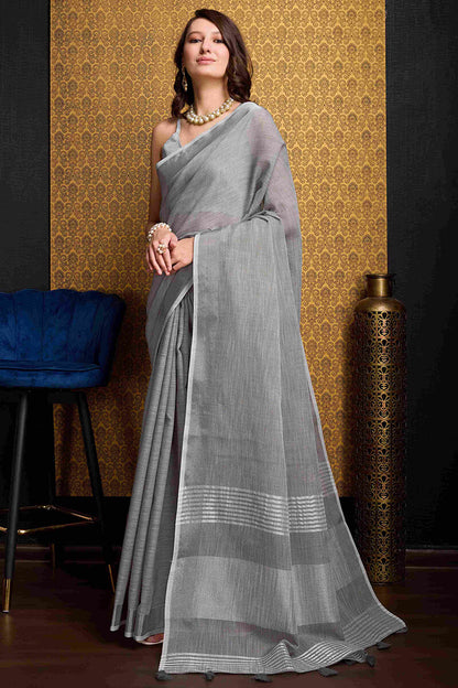 Fragrant Grey Cotton Silk Saree With Devastating Blouse Piece