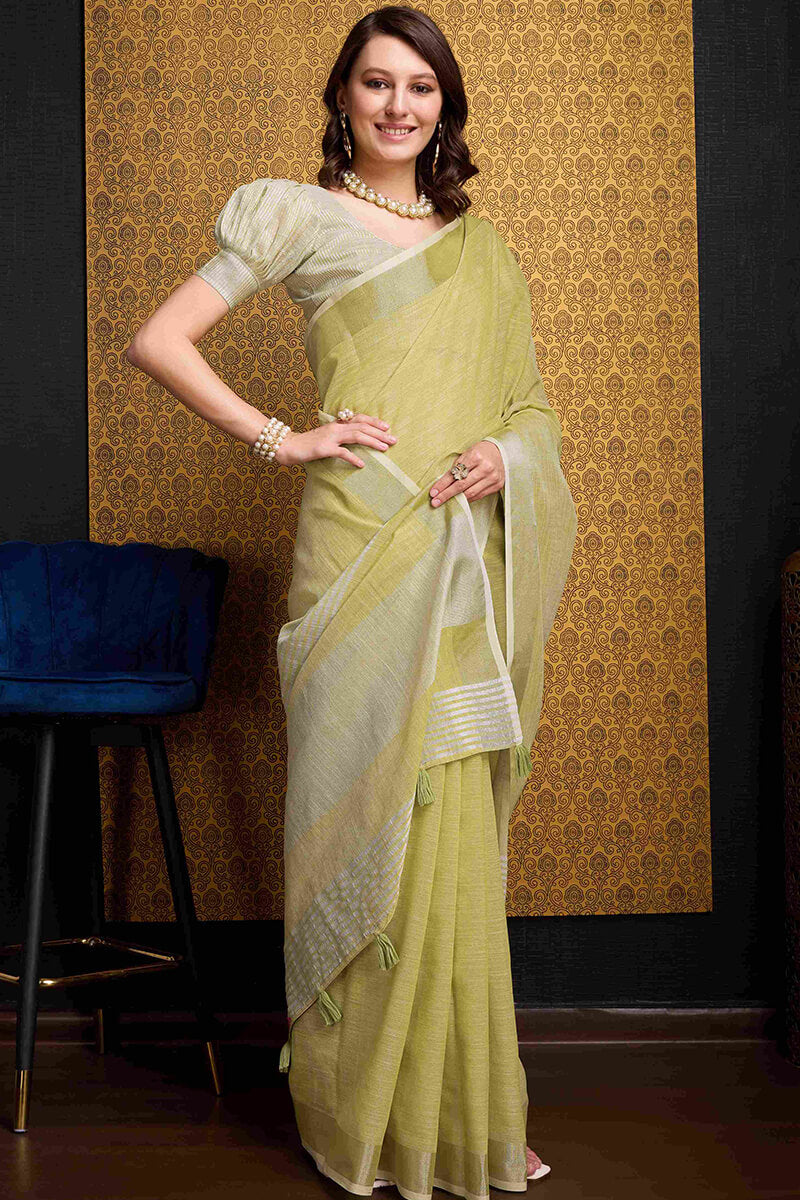Super extravagant Mustard Cotton Silk Saree With Marvellous Blouse Piece