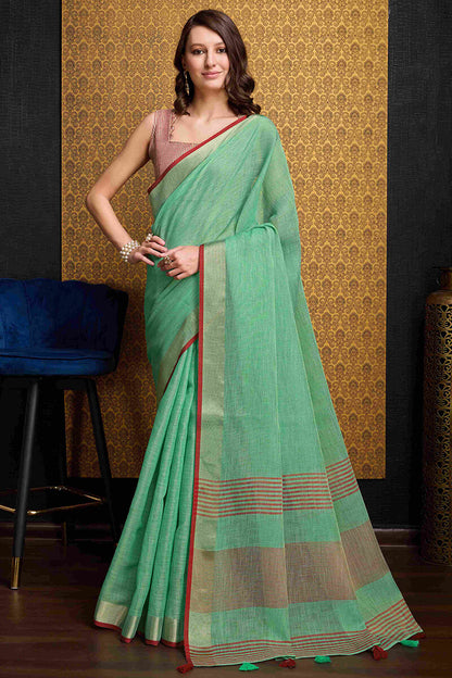 Deserving Sea Green Cotton Silk Saree With Ethereal Blouse Piece