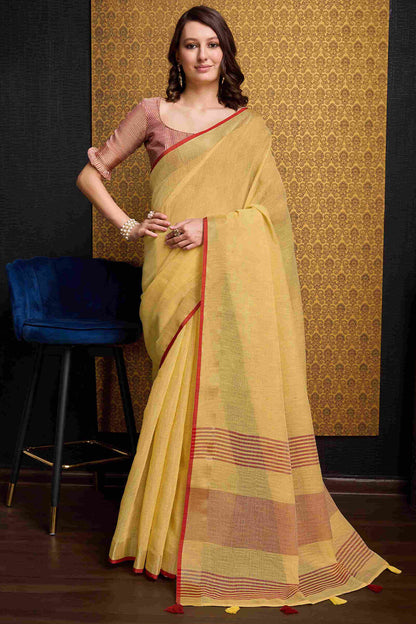 Enchanting Yellow Cotton Silk Saree With Tantalizing Blouse Piece