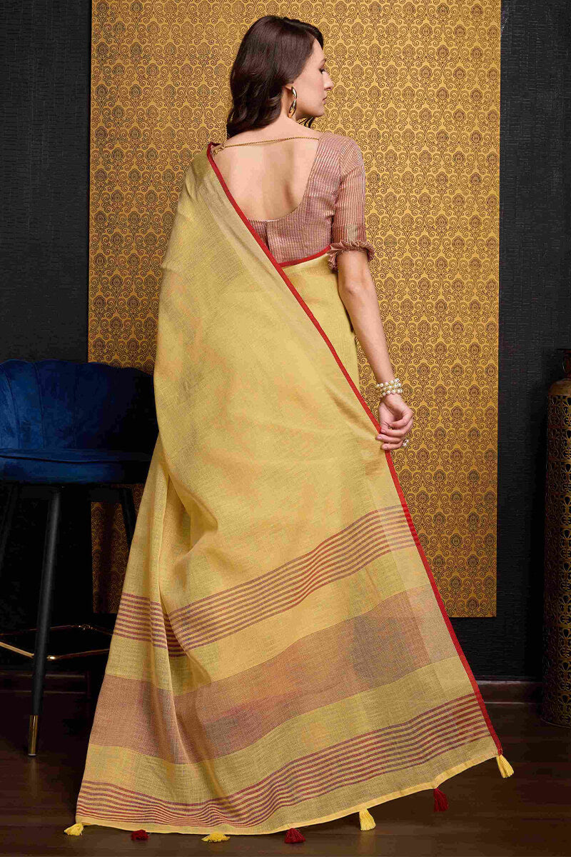 Enchanting Yellow Cotton Silk Saree With Tantalizing Blouse Piece