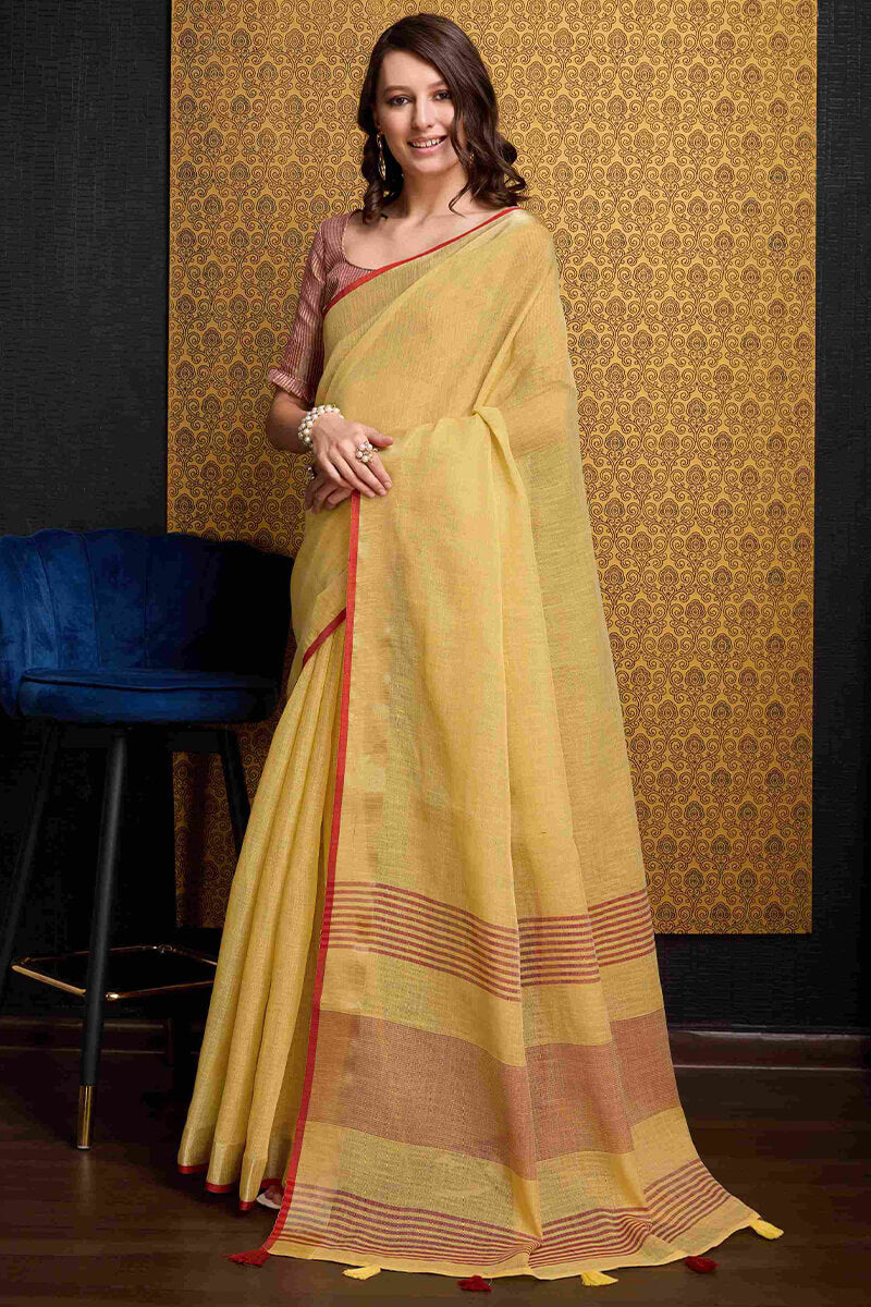 Enchanting Yellow Cotton Silk Saree With Tantalizing Blouse Piece