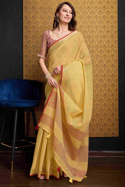 Enchanting Yellow Cotton Silk Saree With Tantalizing Blouse Piece