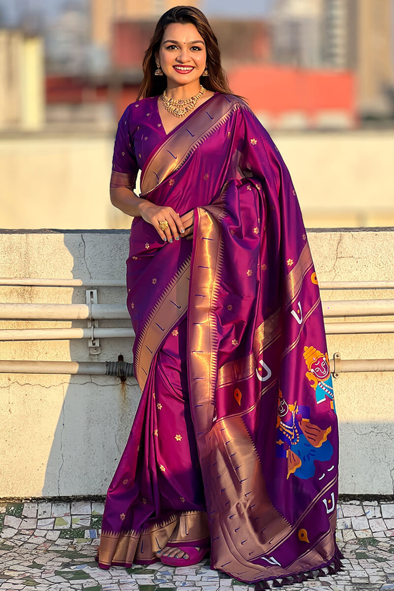Embrocation Purple Paithani Silk Saree With Admirable Blouse Piece