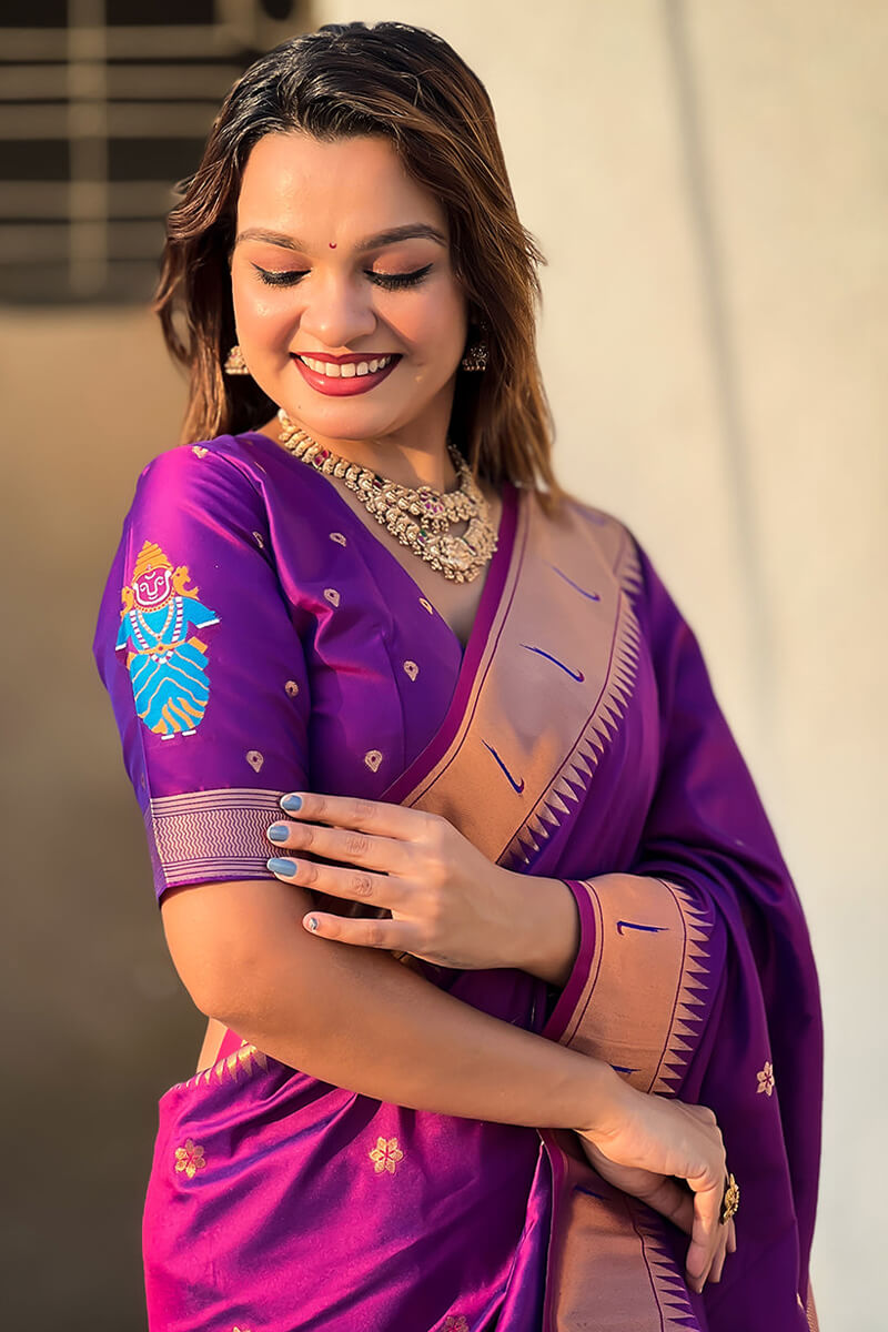 Embrocation Purple Paithani Silk Saree With Admirable Blouse Piece