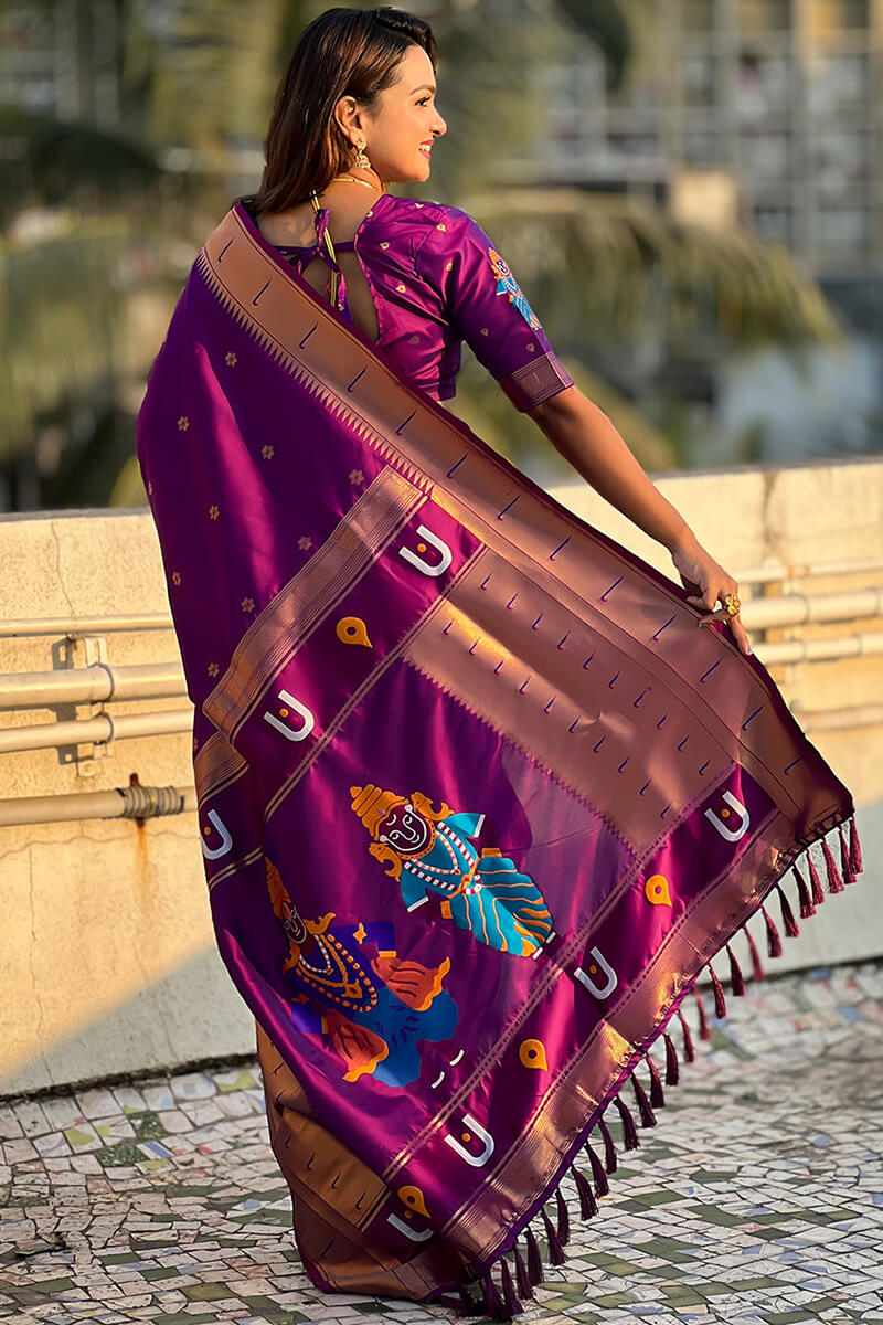 Embrocation Purple Paithani Silk Saree With Admirable Blouse Piece