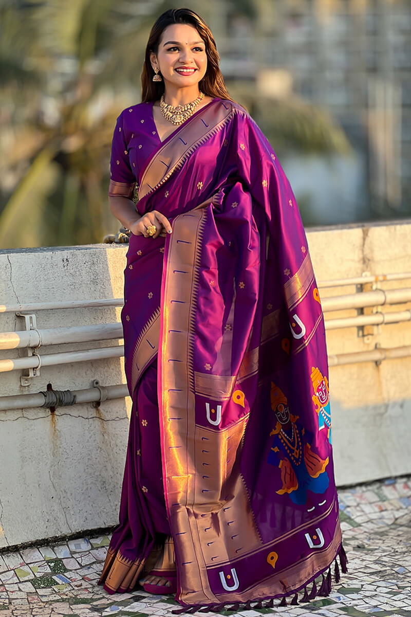 Embrocation Purple Paithani Silk Saree With Admirable Blouse Piece