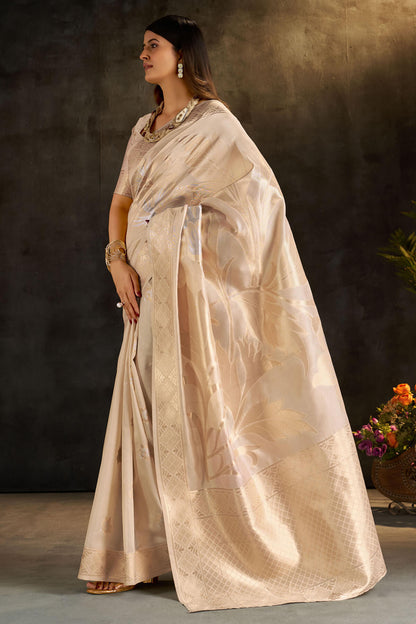 Devastating Beige Pure Banarasi Silk Saree With Flamboyant Blouse Piece