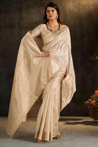 Devastating Beige Pure Banarasi Silk Saree With Flamboyant Blouse Piece