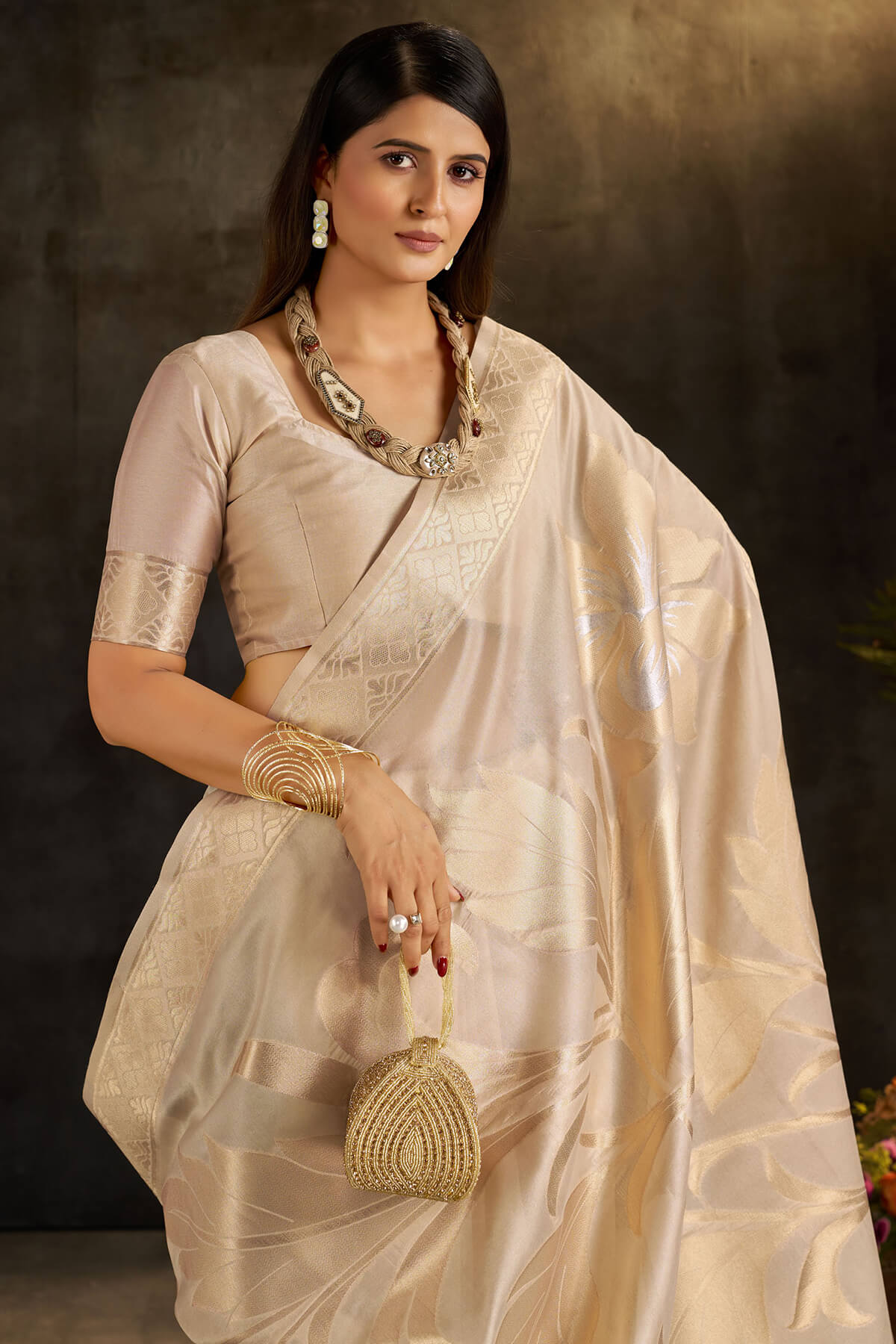 Devastating Beige Pure Banarasi Silk Saree With Flamboyant Blouse Piece