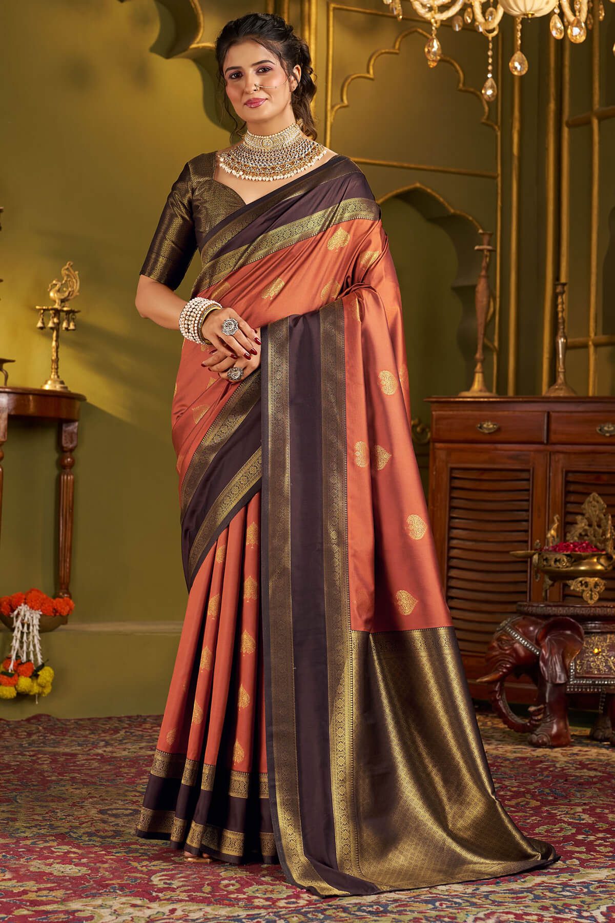 Proficient Orange Pure Banarasi Silk Saree With Whimsical Blouse Piece
