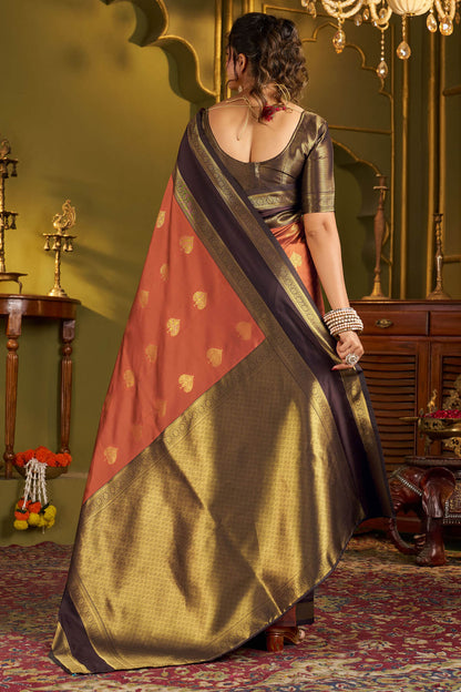 Proficient Orange Pure Banarasi Silk Saree With Whimsical Blouse Piece
