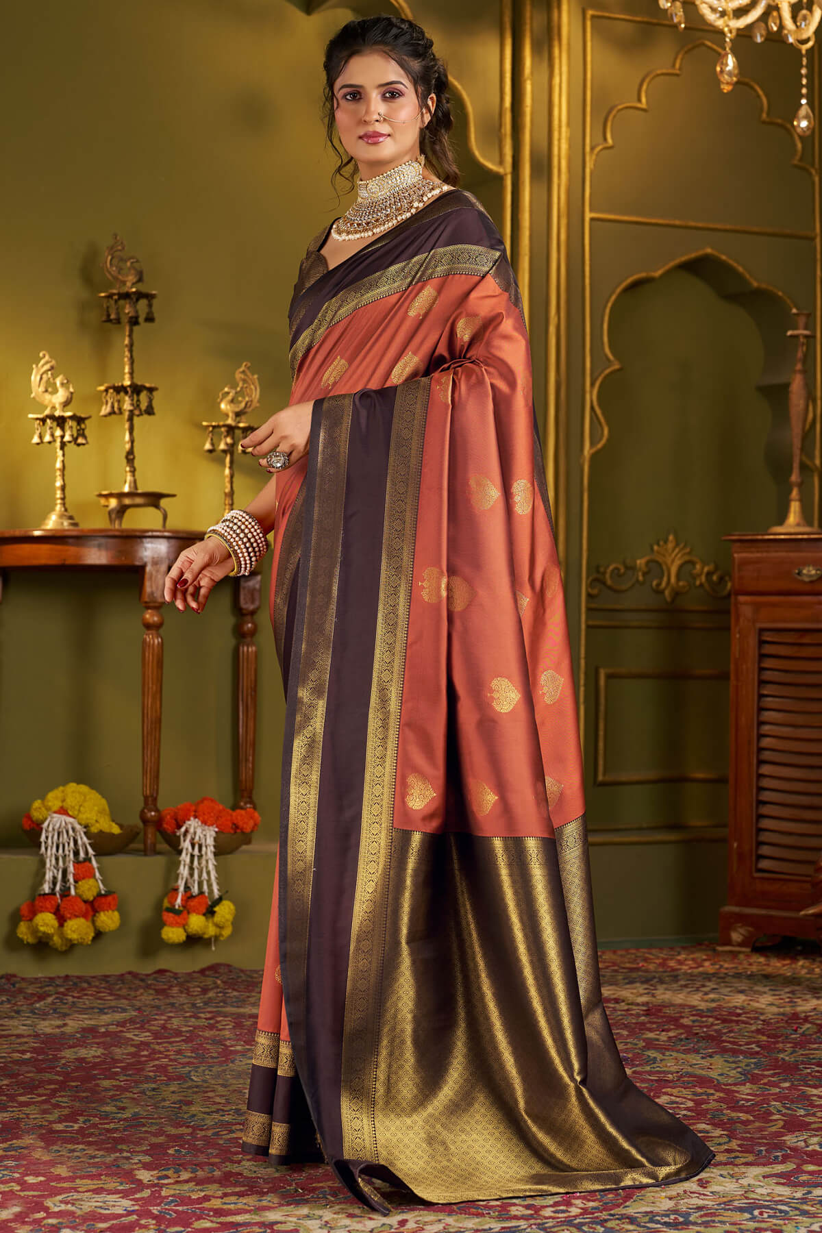 Proficient Orange Pure Banarasi Silk Saree With Whimsical Blouse Piece