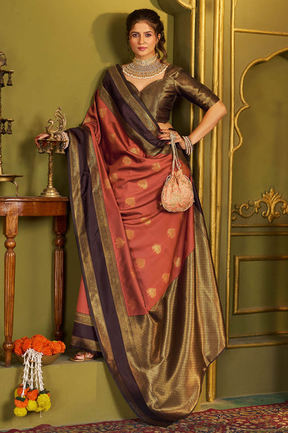 Proficient Orange Pure Banarasi Silk Saree With Whimsical Blouse Piece